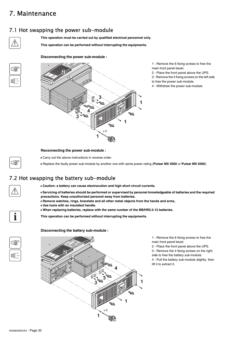 Maintenance, 1 hot swapping the power sub-module, 2 hot swapping the battery sub-module | MGE UPS Systems 5000 RT User Manual | Page 32 / 38