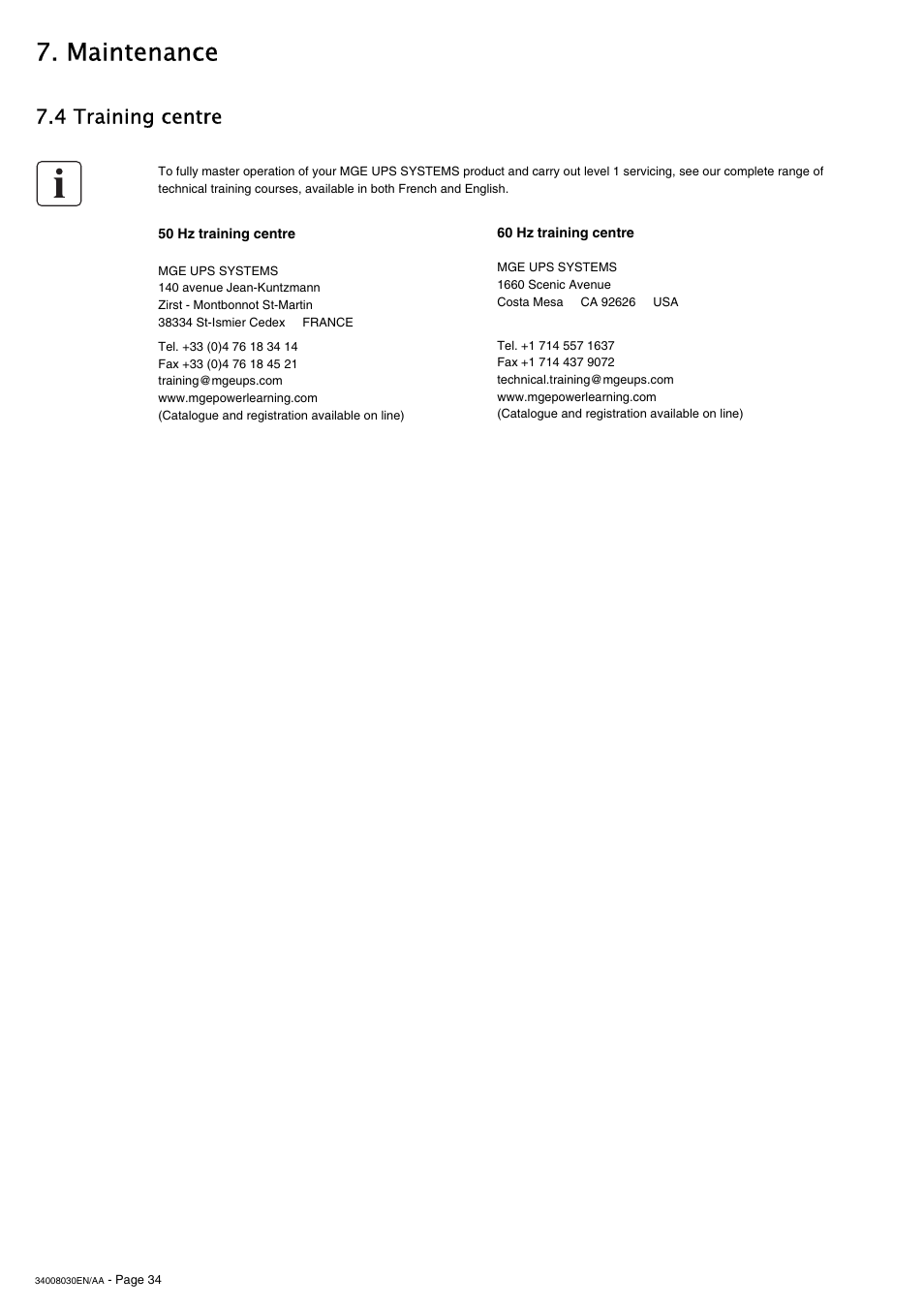 Maintenance, 4 training centre | MGE UPS Systems 5000 RT User Manual | Page 34 / 38