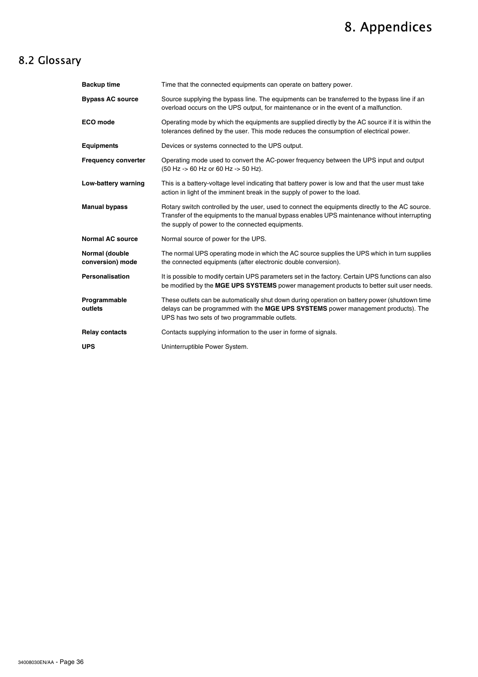 Appendices, 2 glossary | MGE UPS Systems 5000 RT User Manual | Page 36 / 38