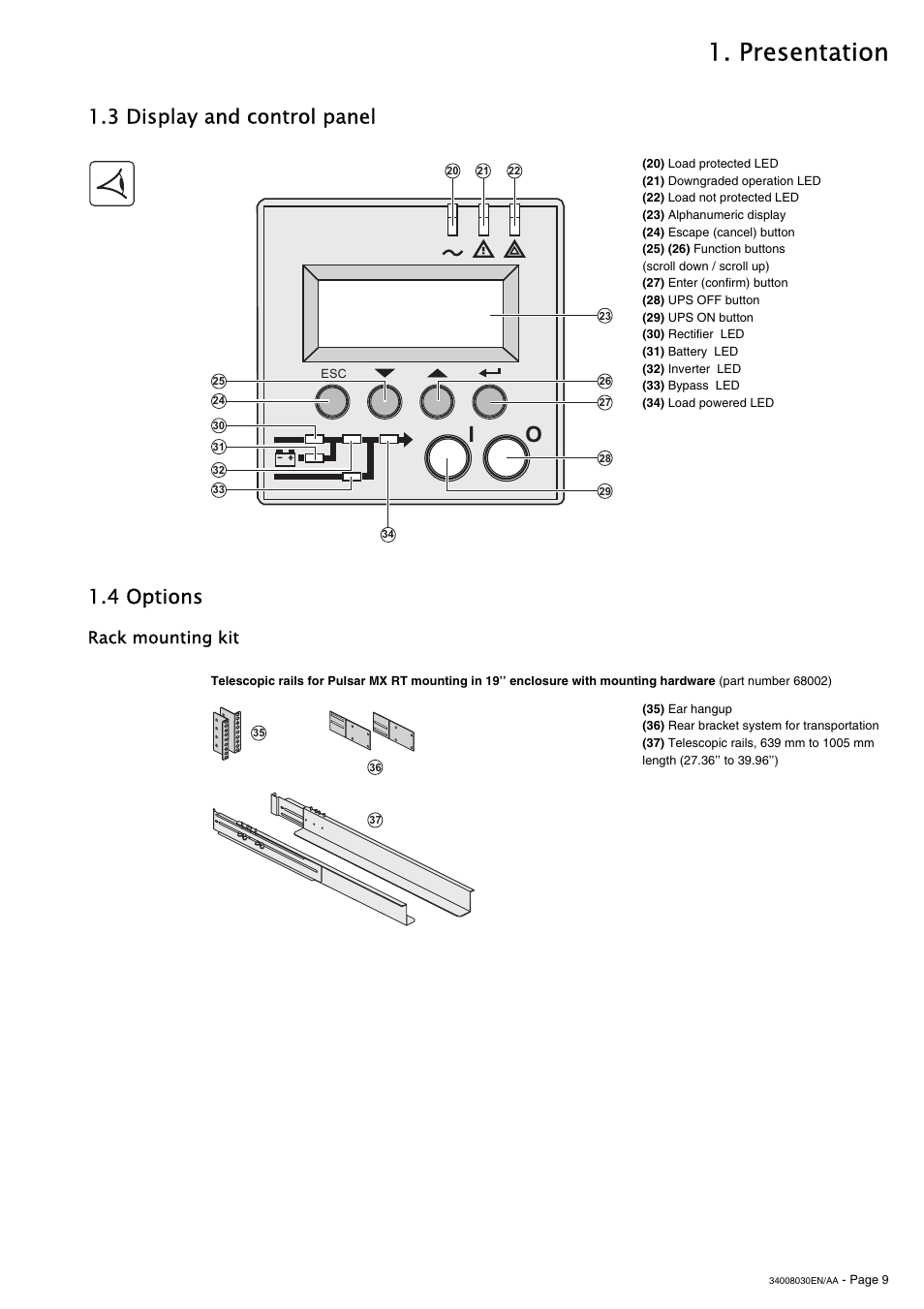 Presentation, 3 display and control panel, 4 options | Rack mounting kit | MGE UPS Systems 5000 RT User Manual | Page 9 / 38