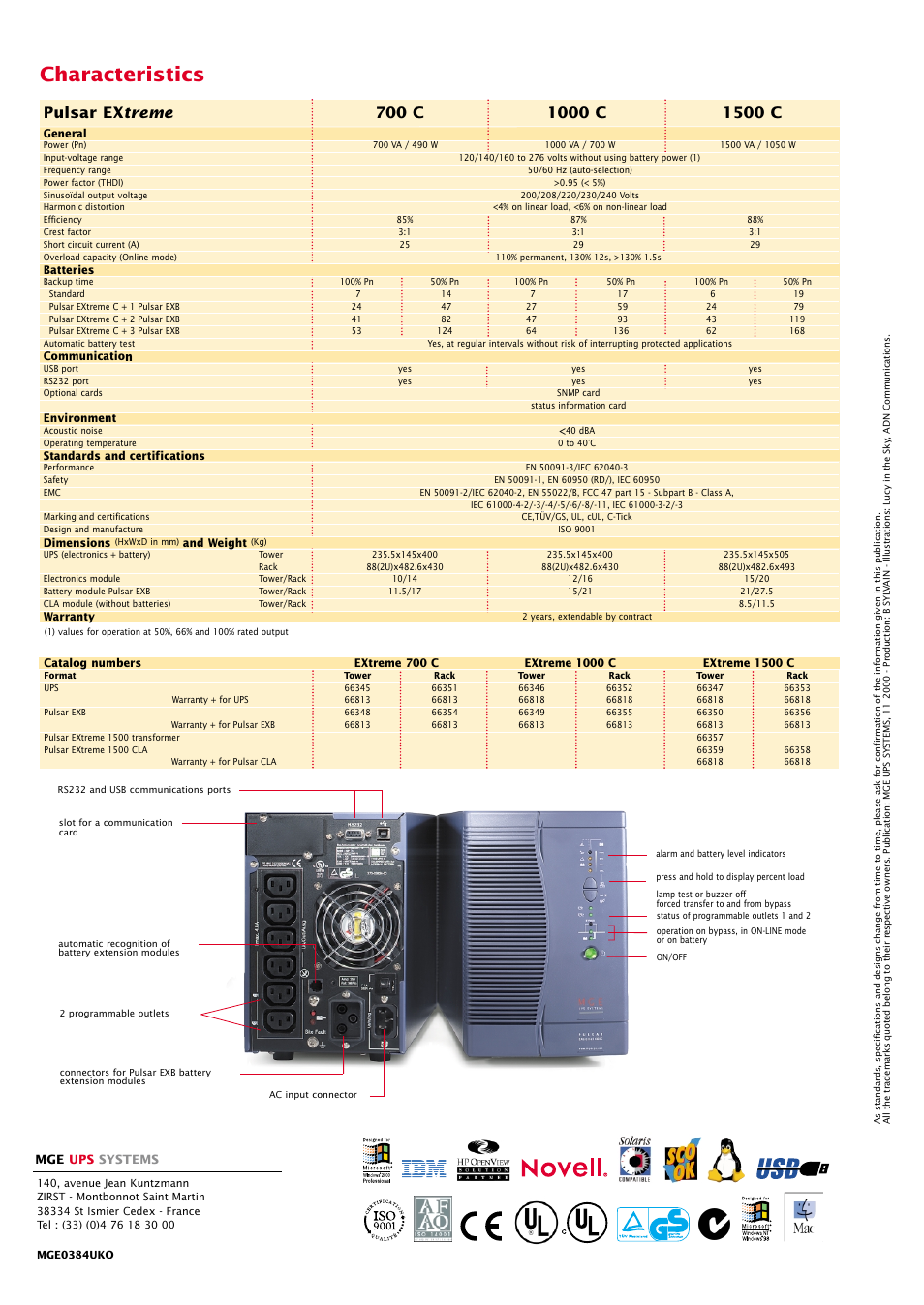 Characteristics | MGE UPS Systems Pulsar EXtreme C UPS 1000 VA User Manual | Page 4 / 4