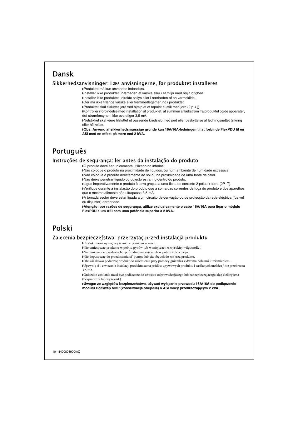 Dansk, Português, Polski | MGE UPS Systems FlexPDU 6 UNI User Manual | Page 10 / 12