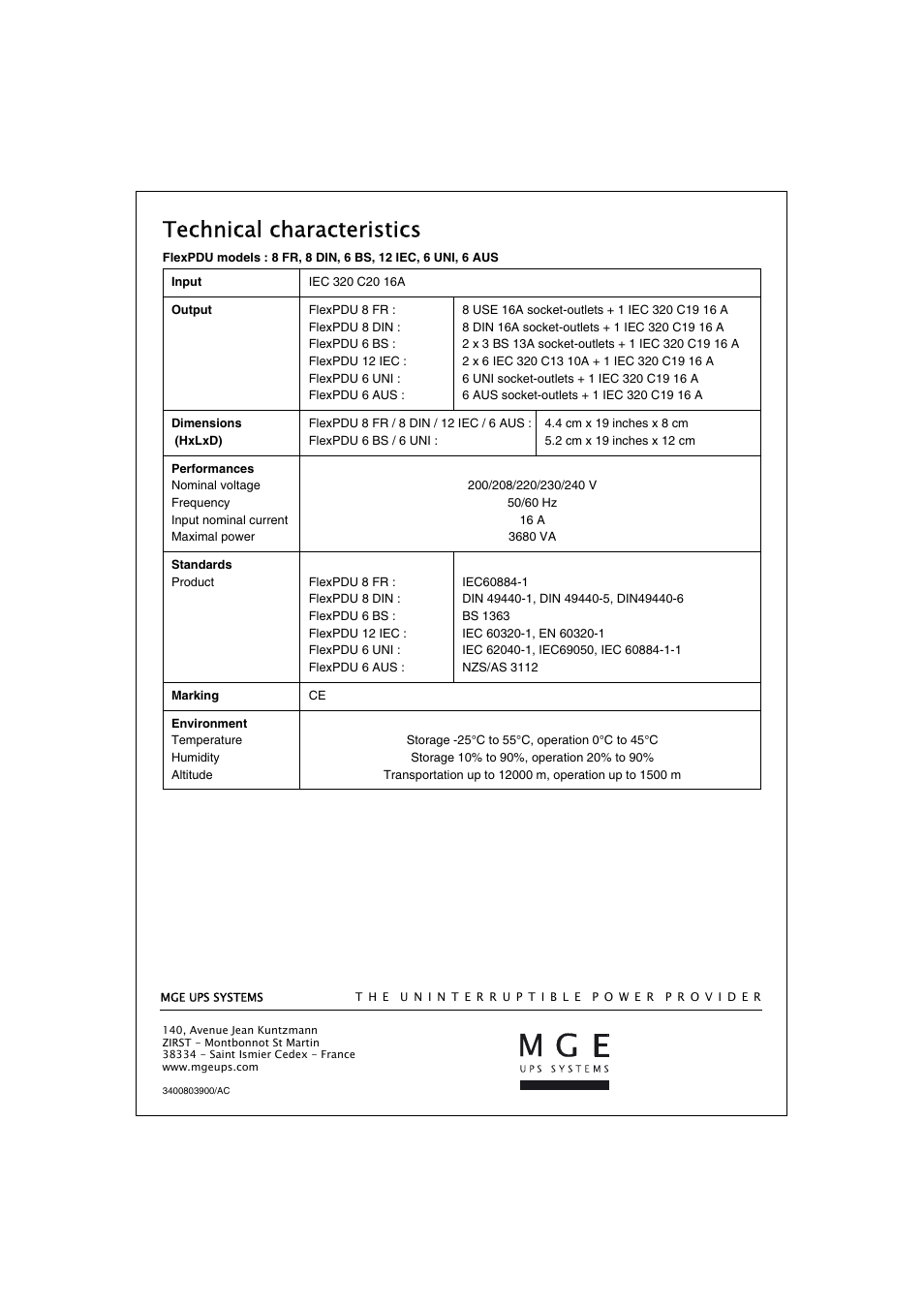 Technical characteristics | MGE UPS Systems FlexPDU 6 UNI User Manual | Page 12 / 12