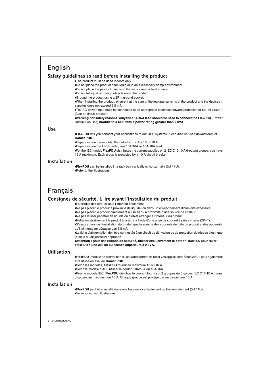 English, Français, Installation | Utilisation | MGE UPS Systems FlexPDU 6 UNI User Manual | Page 6 / 12