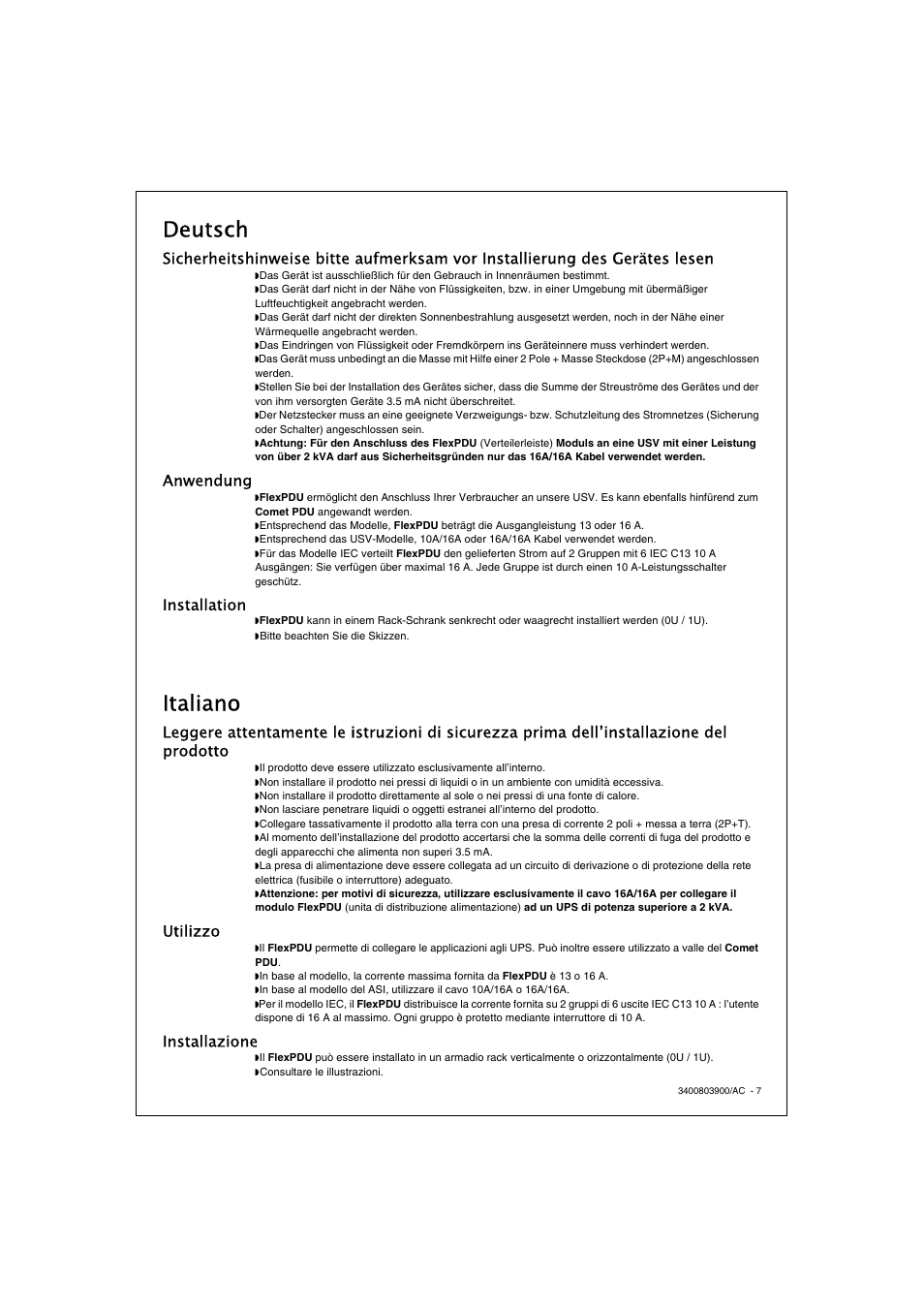 Deutsch, Italiano, Anwendung | Installation, Utilizzo, Installazione | MGE UPS Systems FlexPDU 6 UNI User Manual | Page 7 / 12