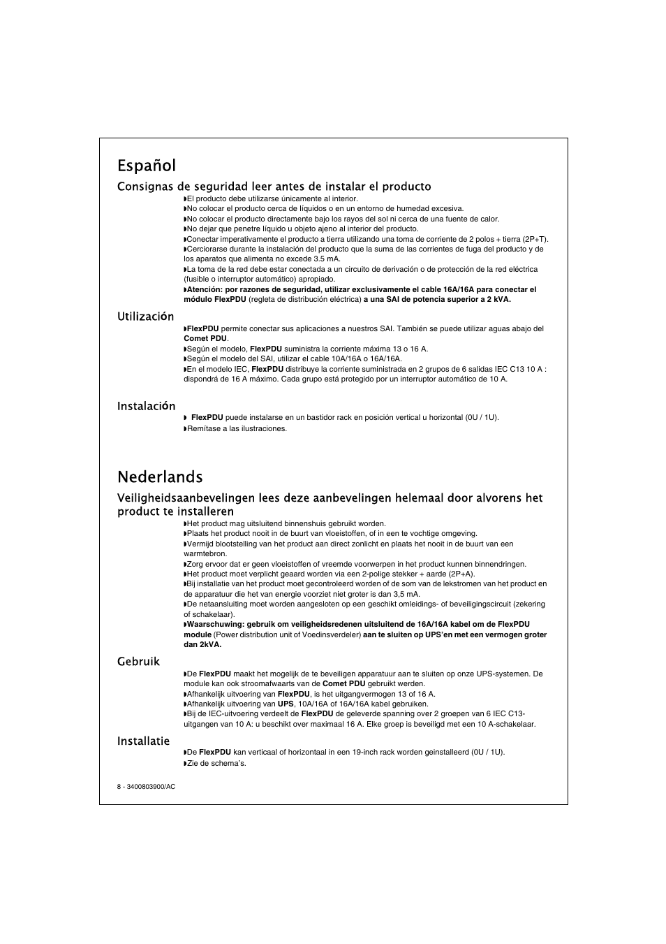 Español, Nederlands, Utilizaci ó n | Instalaci ó n, Gebruik, Installatie | MGE UPS Systems FlexPDU 6 UNI User Manual | Page 8 / 12