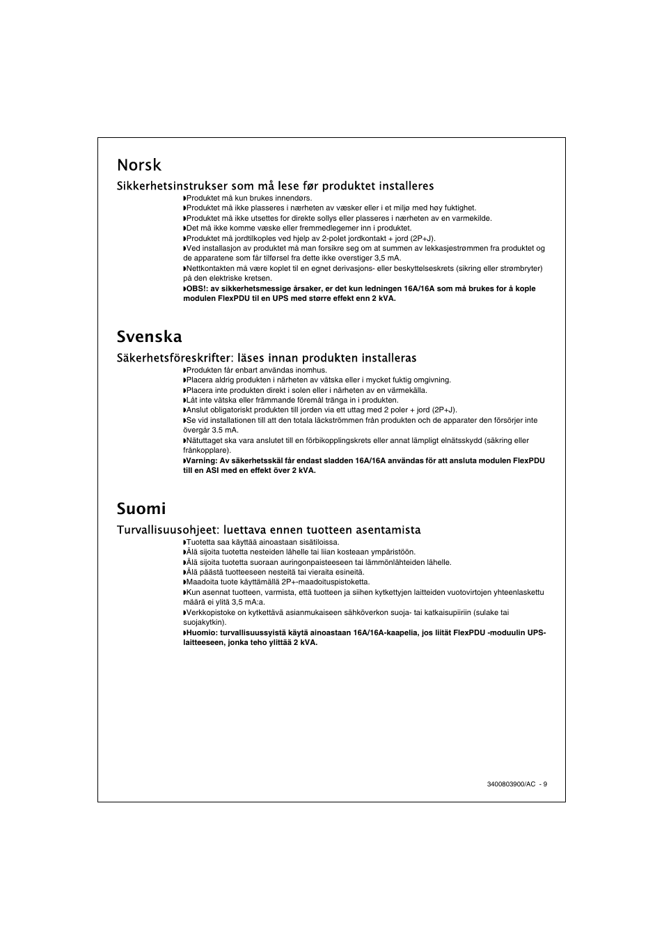 Norsk, Svenska, Suomi | MGE UPS Systems FlexPDU 6 UNI User Manual | Page 9 / 12