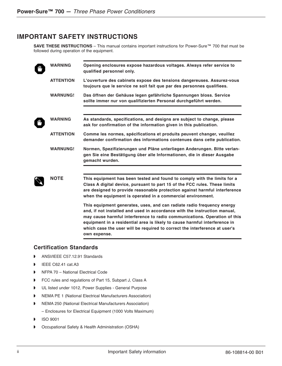 Important safety instructions, Three phase power conditioners, Certification standards | Power-sure™ 700 | MGE UPS Systems POWER-SURE 700 User Manual | Page 2 / 52