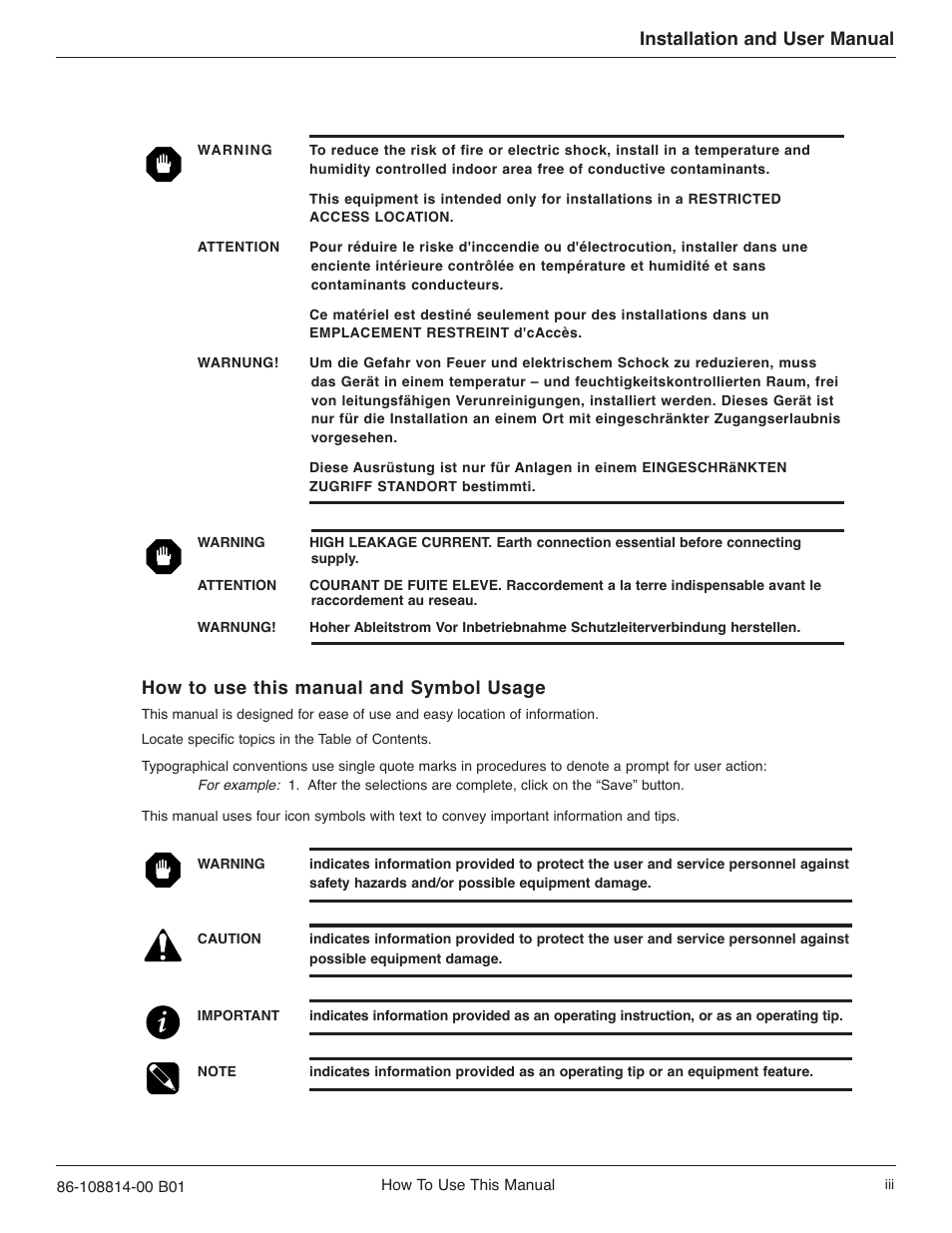 How to use this manual and symbol usage, Installation and user manual | MGE UPS Systems POWER-SURE 700 User Manual | Page 3 / 52