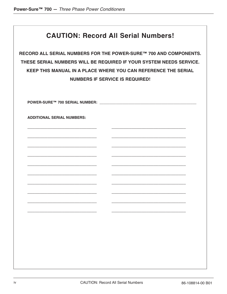 Caution: record all serial numbers | MGE UPS Systems POWER-SURE 700 User Manual | Page 4 / 52