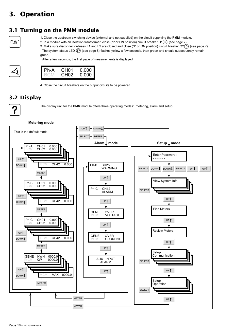 Operation, 1 turning on the pmm module, 2 display | MGE UPS Systems 250A User Manual | Page 16 / 34