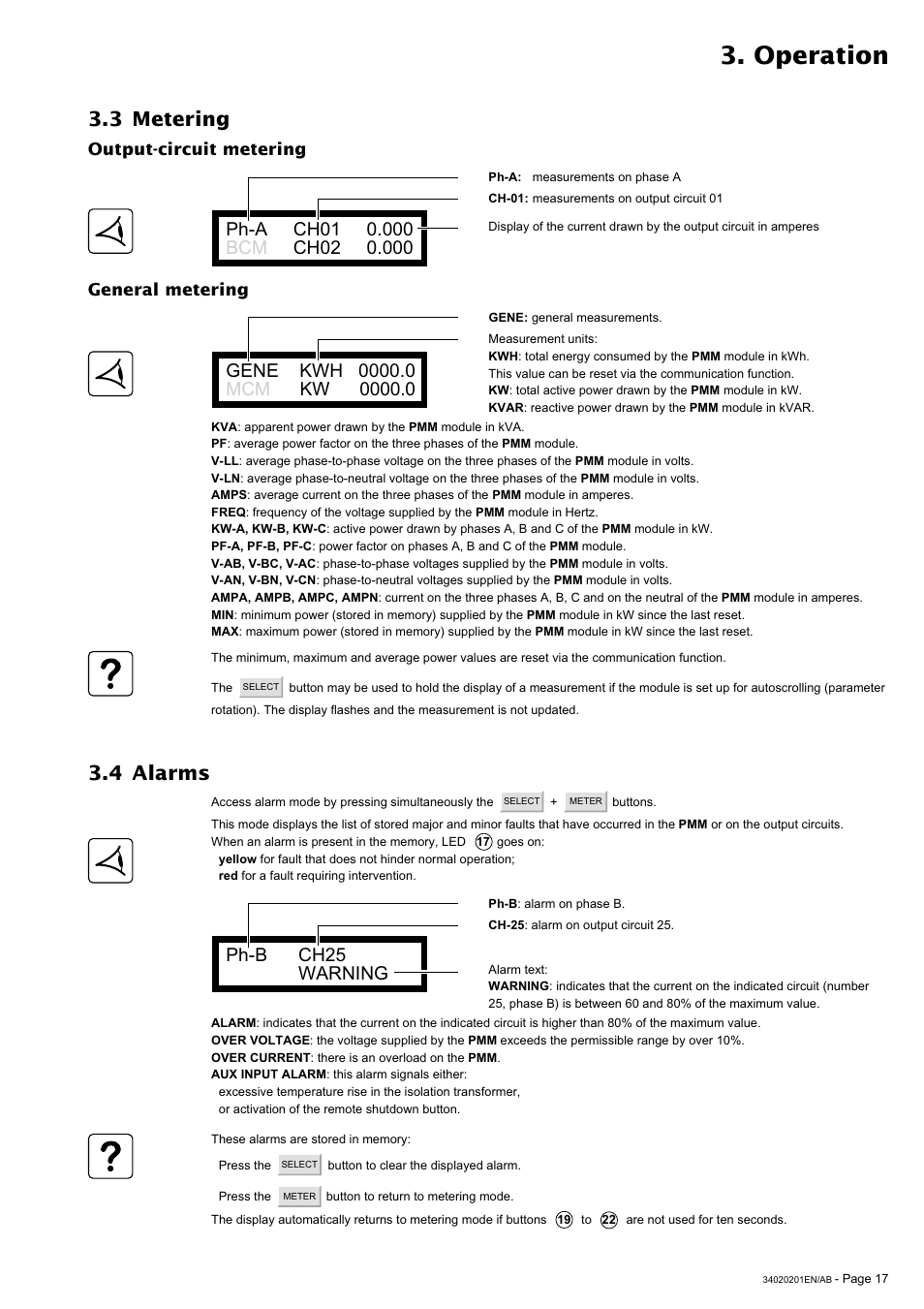 Operation, 4 alarms, 3 metering | Ph-b ch25 warning, Output-circuit metering general metering | MGE UPS Systems 250A User Manual | Page 17 / 34