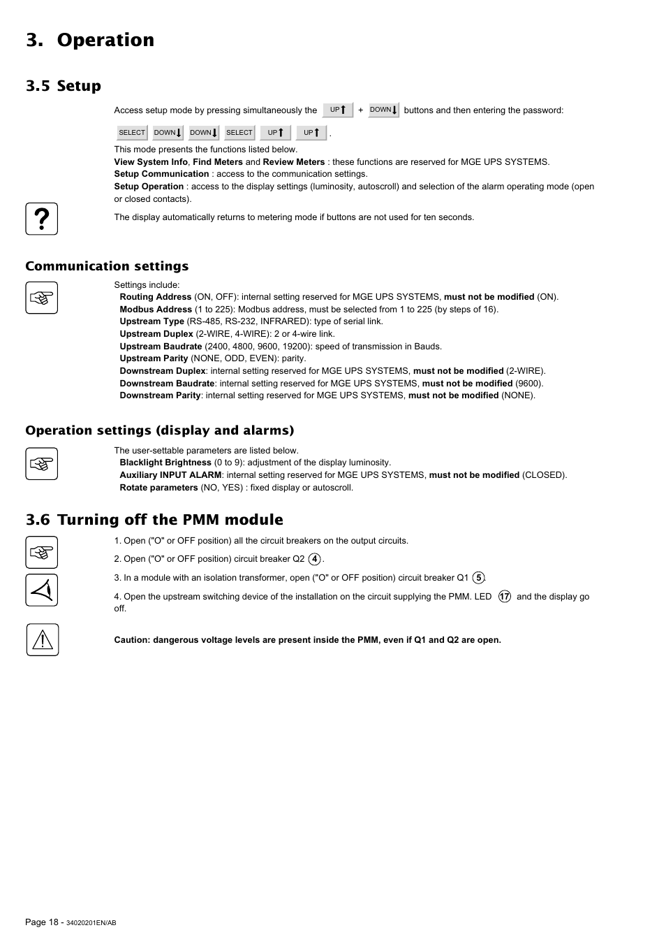 Operation, 5 setup, 6 turning off the pmm module | Communication settings, Operation settings (display and alarms) | MGE UPS Systems 250A User Manual | Page 18 / 34