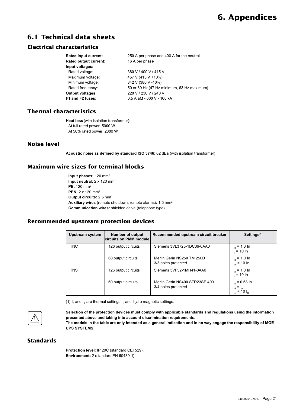 Appendices, 1 technical data sheets, Electrical characteristics | Thermal characteristics, Standards | MGE UPS Systems 250A User Manual | Page 21 / 34