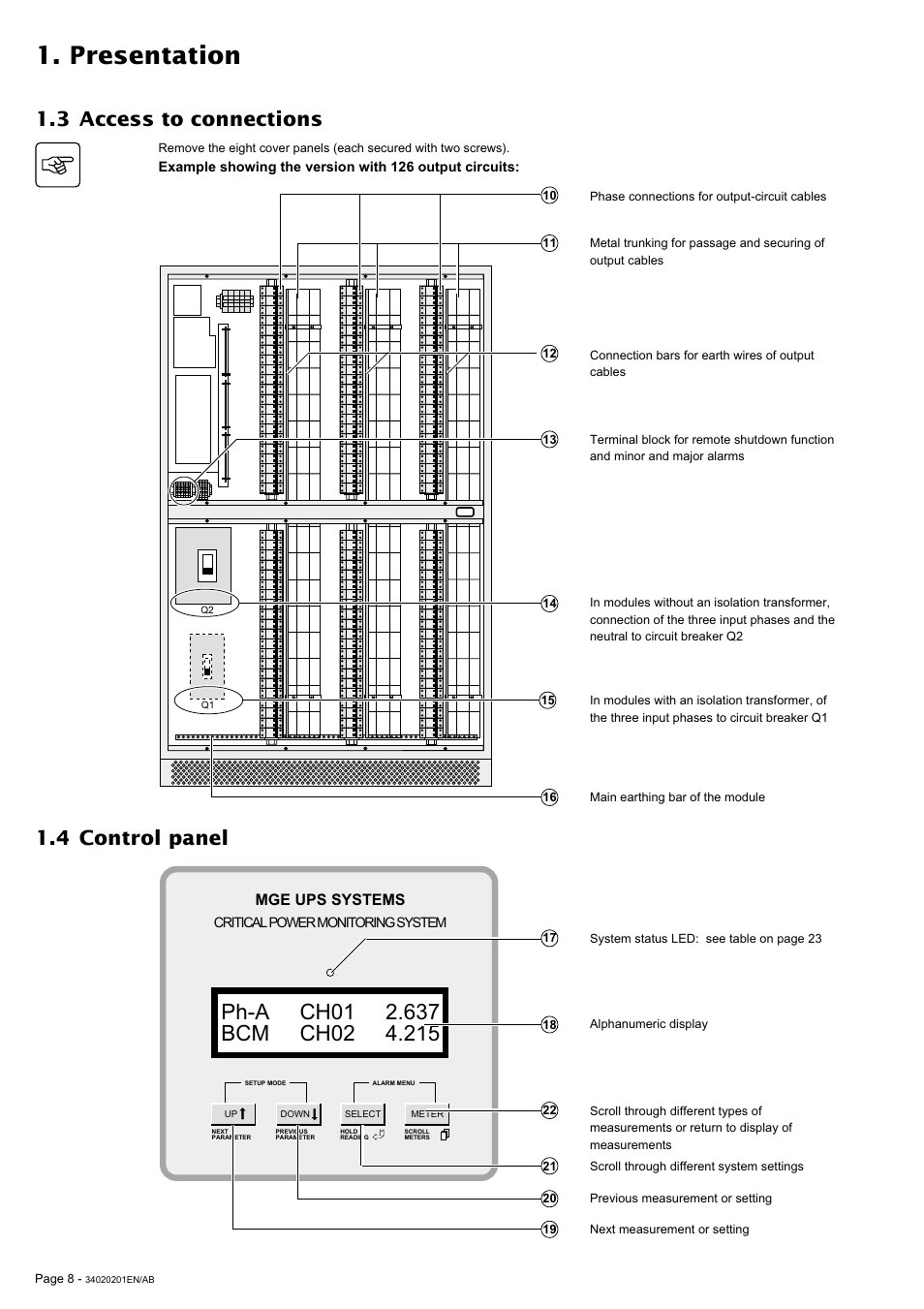 Presentation, 3 access to connections, 4 control panel | Mge ups systems | MGE UPS Systems 250A User Manual | Page 8 / 34