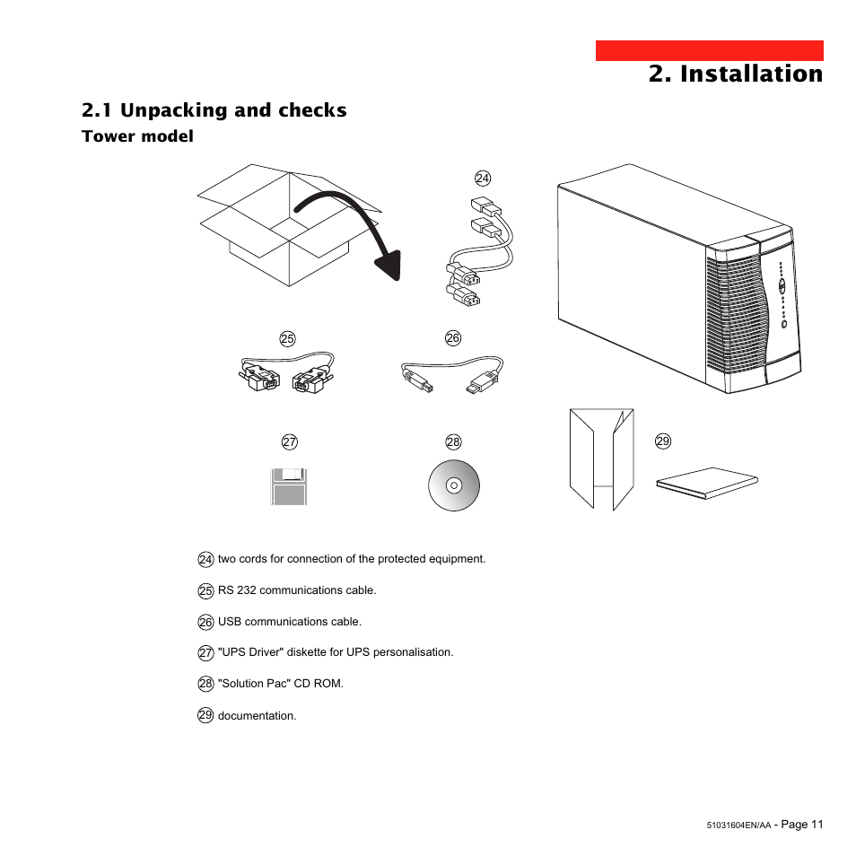 Installation, 1 unpacking and checks, Tower model | MGE UPS Systems EX 1500 User Manual | Page 11 / 28
