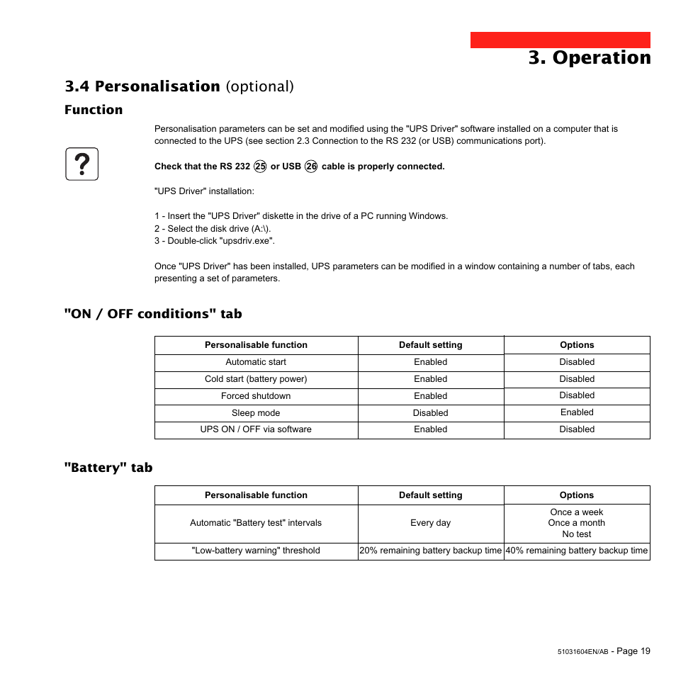 Operation, 4 personalisation (optional), Function | On / off conditions" tab "battery" tab | MGE UPS Systems EX 1500 User Manual | Page 19 / 28