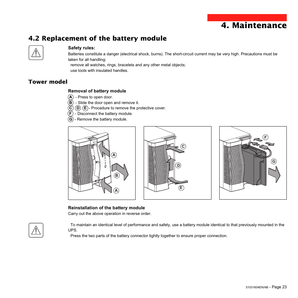 Maintenance, 2 replacement of the battery module, Tower model | MGE UPS Systems EX 1500 User Manual | Page 23 / 28