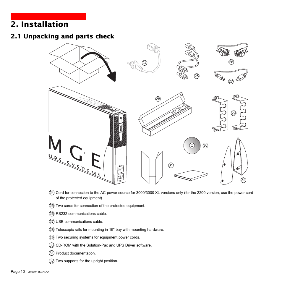 Installation, 1 unpacking and parts check | MGE UPS Systems 2200 User Manual | Page 10 / 28