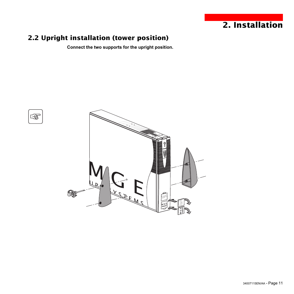 Installation, 2 upright installation (tower position) | MGE UPS Systems 2200 User Manual | Page 11 / 28