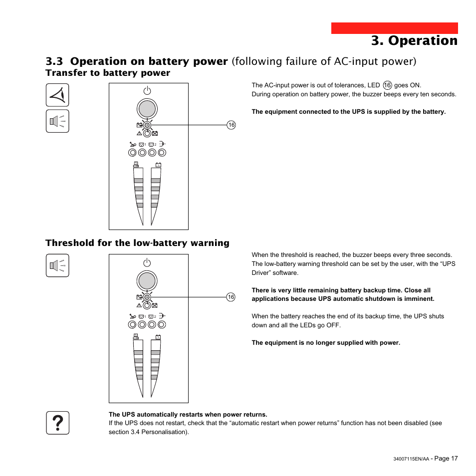 Operation, Transfer to battery power, Threshold for the low-battery warning | MGE UPS Systems 2200 User Manual | Page 17 / 28