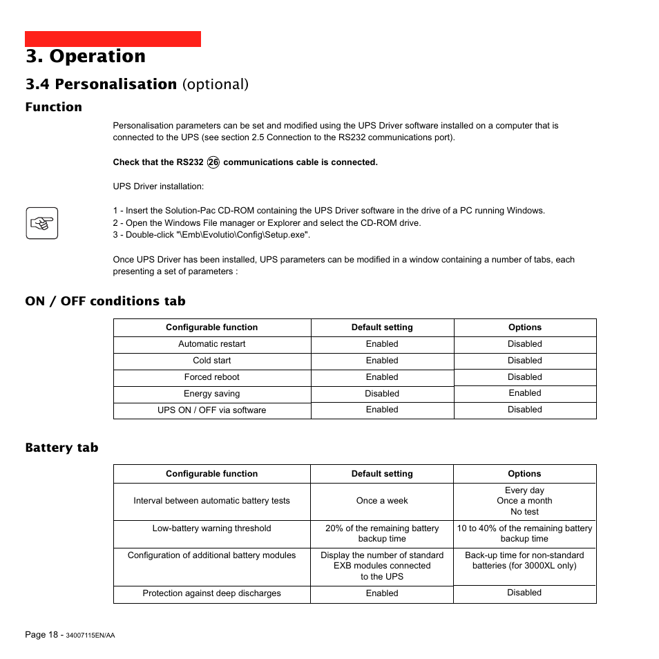 Operation, 4 personalisation (optional), Function | Battery tab, On / off conditions tab | MGE UPS Systems 2200 User Manual | Page 18 / 28