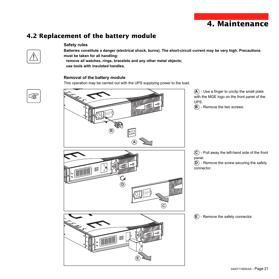 Maintenance, 2 replacement of the battery module, Removal of the battery module | Safety rules | MGE UPS Systems 2200 User Manual | Page 21 / 28