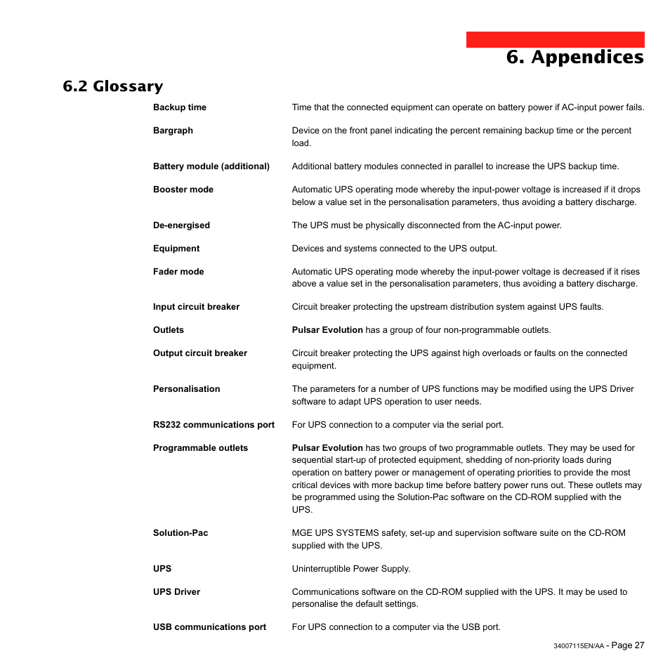 Appendices, 2 glossary | MGE UPS Systems 2200 User Manual | Page 27 / 28