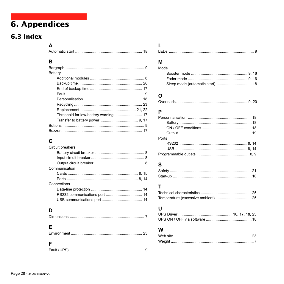 Appendices, 3 index | MGE UPS Systems 2200 User Manual | Page 28 / 28