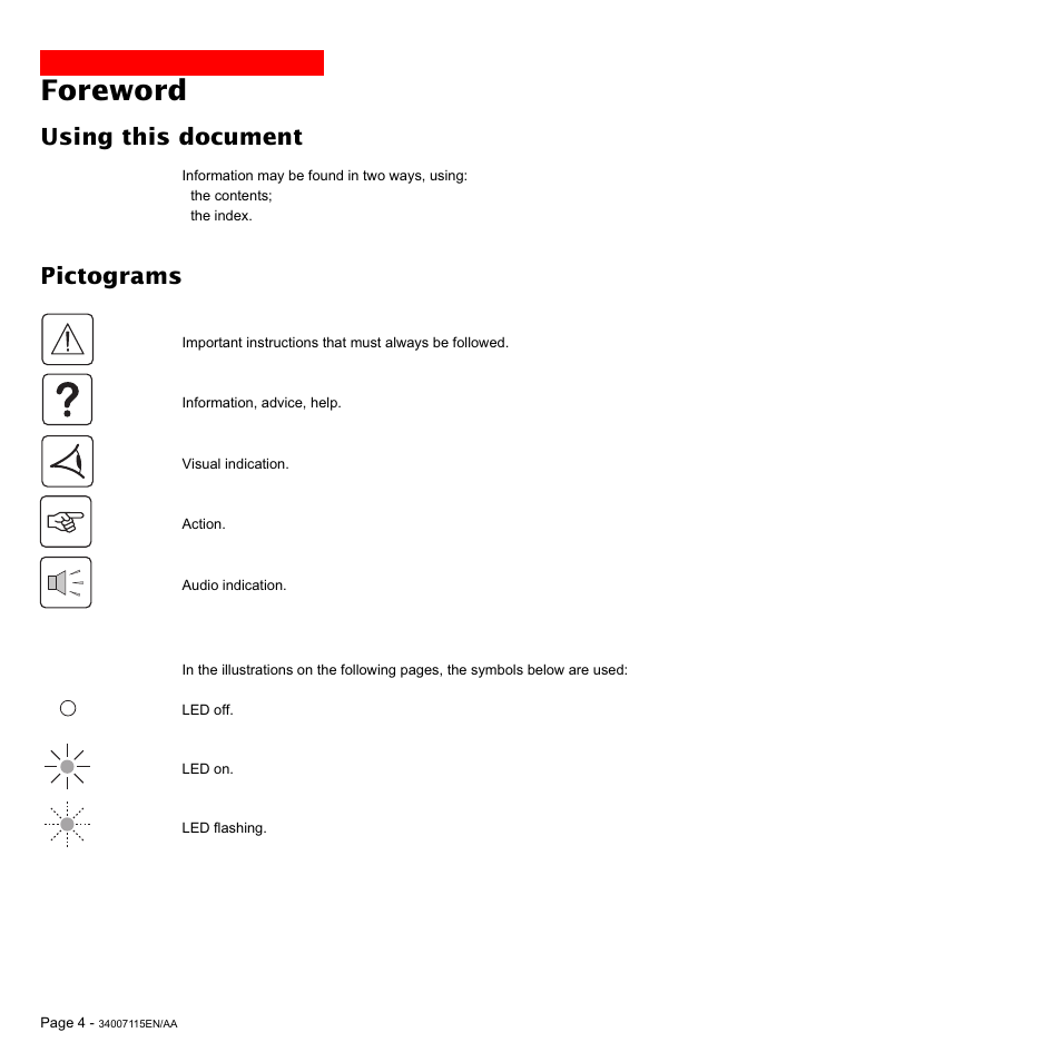 Foreword, Using this document, Pictograms | MGE UPS Systems 2200 User Manual | Page 4 / 28