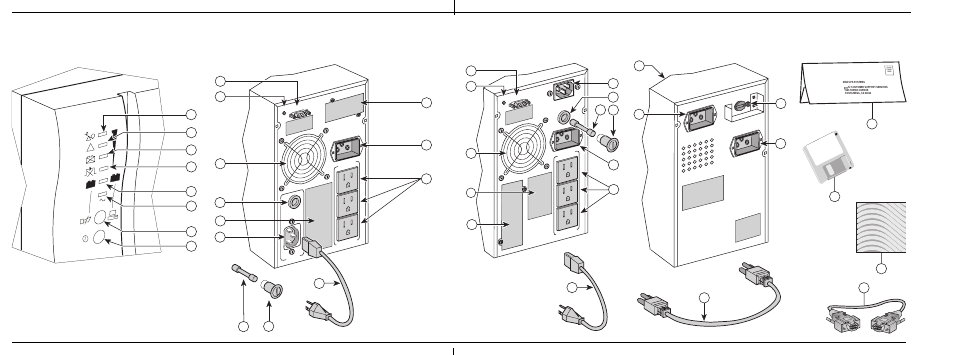 Pulsar ex7/ex10/ex15 front view, Pulsar ex7/ex10 rear view, Pulsar ex15 rear view | Pulsar exb10/exb15 rear view | MGE UPS Systems EXB10 User Manual | Page 10 / 18