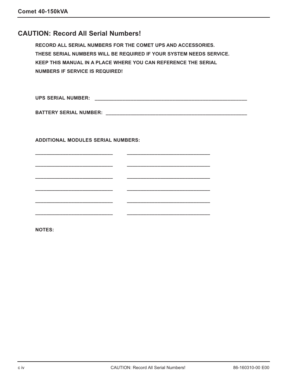 Caution: record all serial numbers | MGE UPS Systems 40-150kVA User Manual | Page 10 / 56