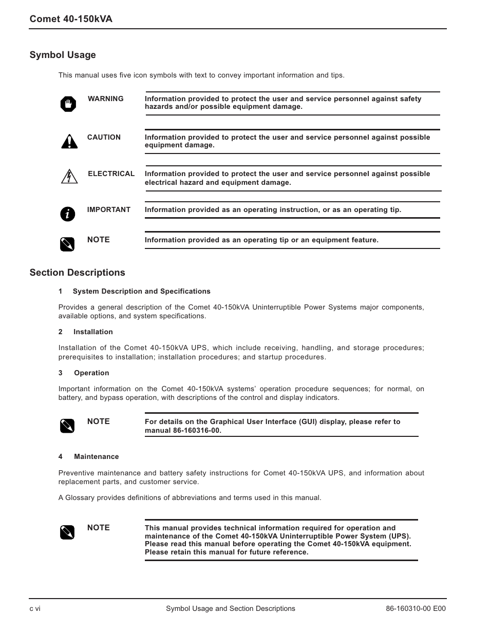 Symbol usage | MGE UPS Systems 40-150kVA User Manual | Page 12 / 56