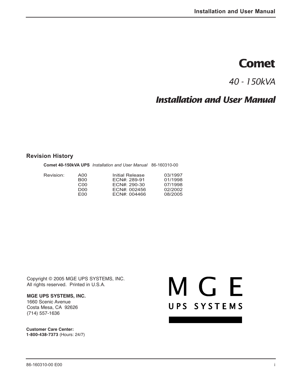 Comet | MGE UPS Systems 40-150kVA User Manual | Page 3 / 56