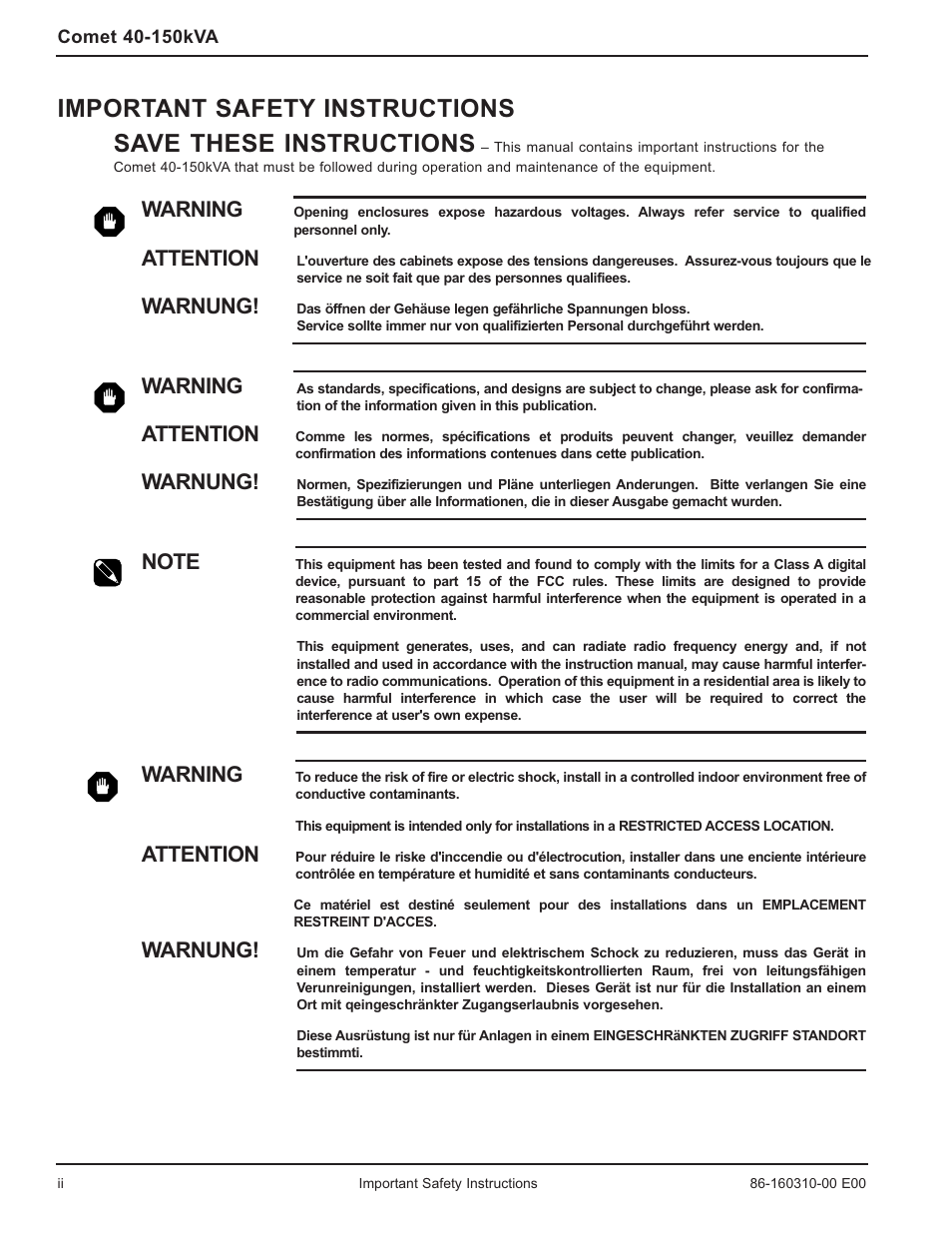 Warning, Attention, Warnung | MGE UPS Systems 40-150kVA User Manual | Page 4 / 56