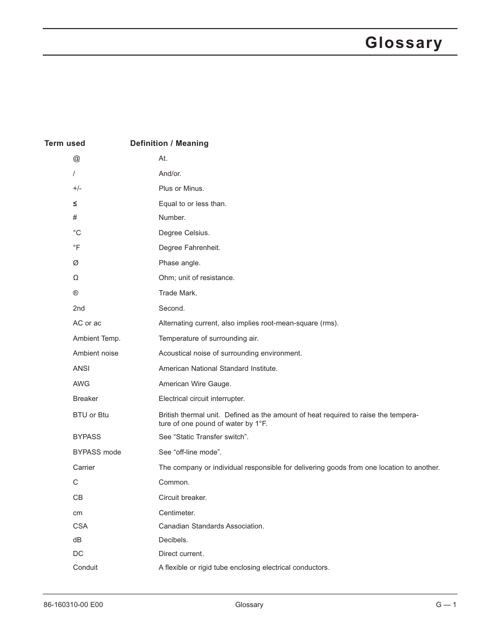 Glossary | MGE UPS Systems 40-150kVA User Manual | Page 49 / 56