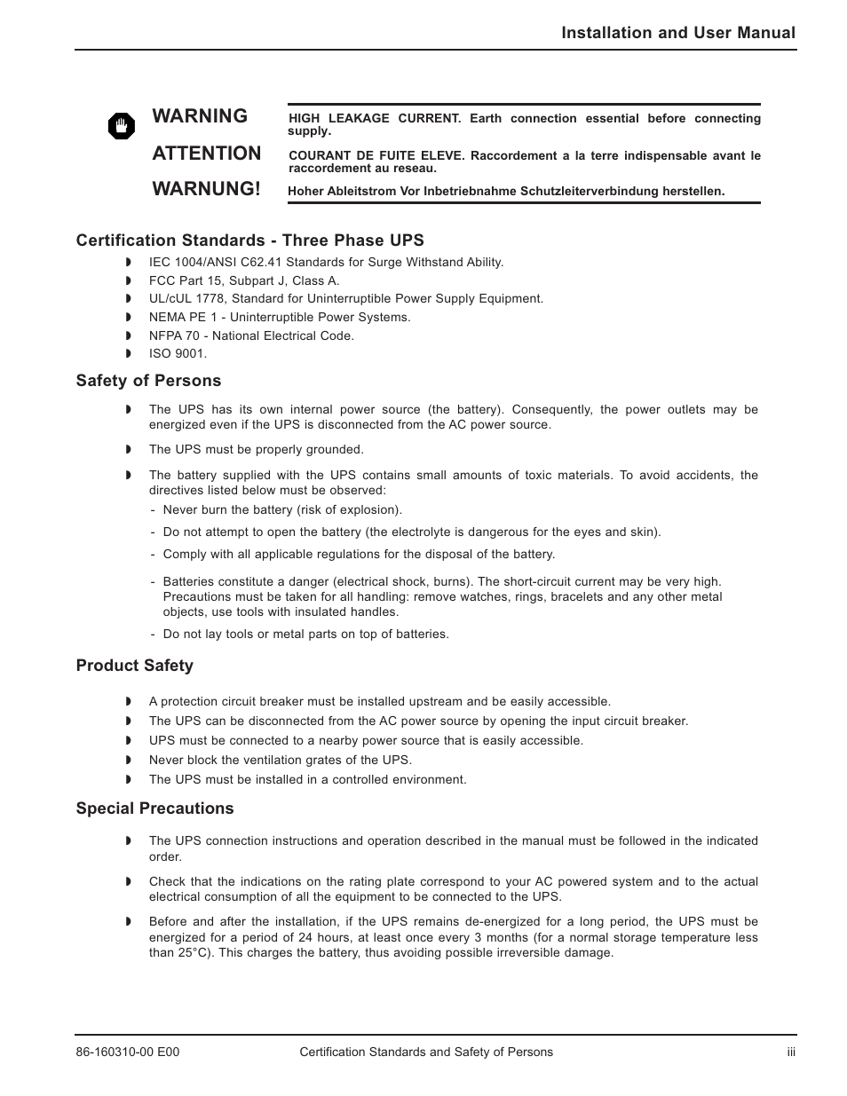Warning, Attention, Warnung | MGE UPS Systems 40-150kVA User Manual | Page 5 / 56