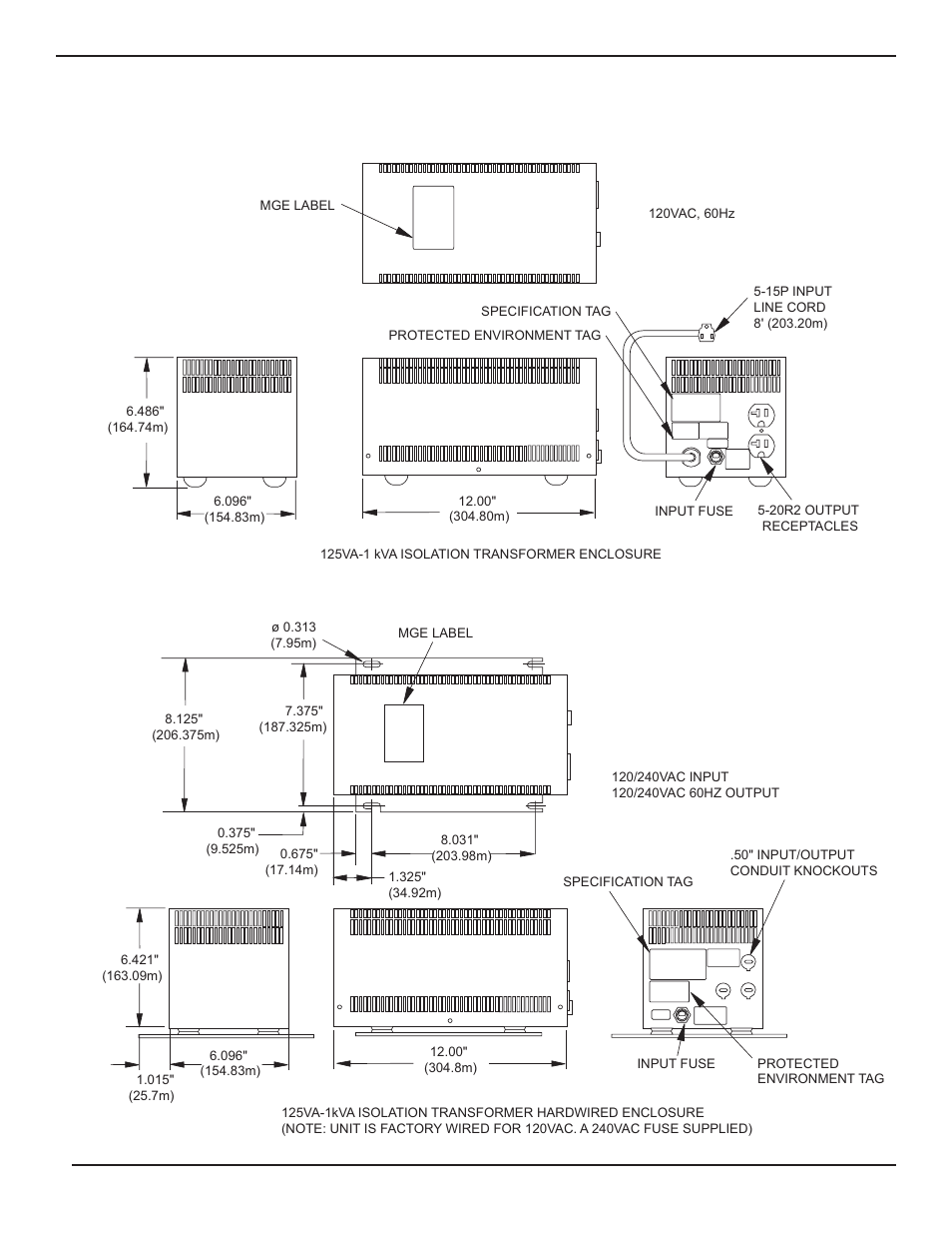 2: 125va-1kva isolation transfo, 3: 125va-1.0kva isolation trans, 8kva isolation transformer enclosure -6 | 5 2.4kva isolation transformer enclosure, Installation and user manual | MGE UPS Systems 100 User Manual | Page 13 / 32