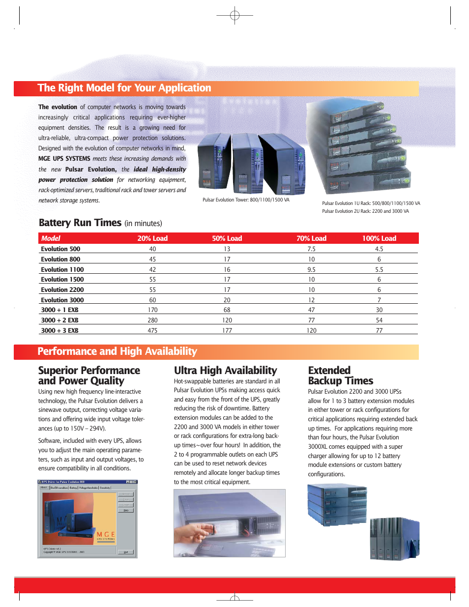 Superior performance and power quality, Ultra high availability, Extended backup times | Battery run times | MGE UPS Systems Uninterruptible Power Provider User Manual | Page 2 / 4
