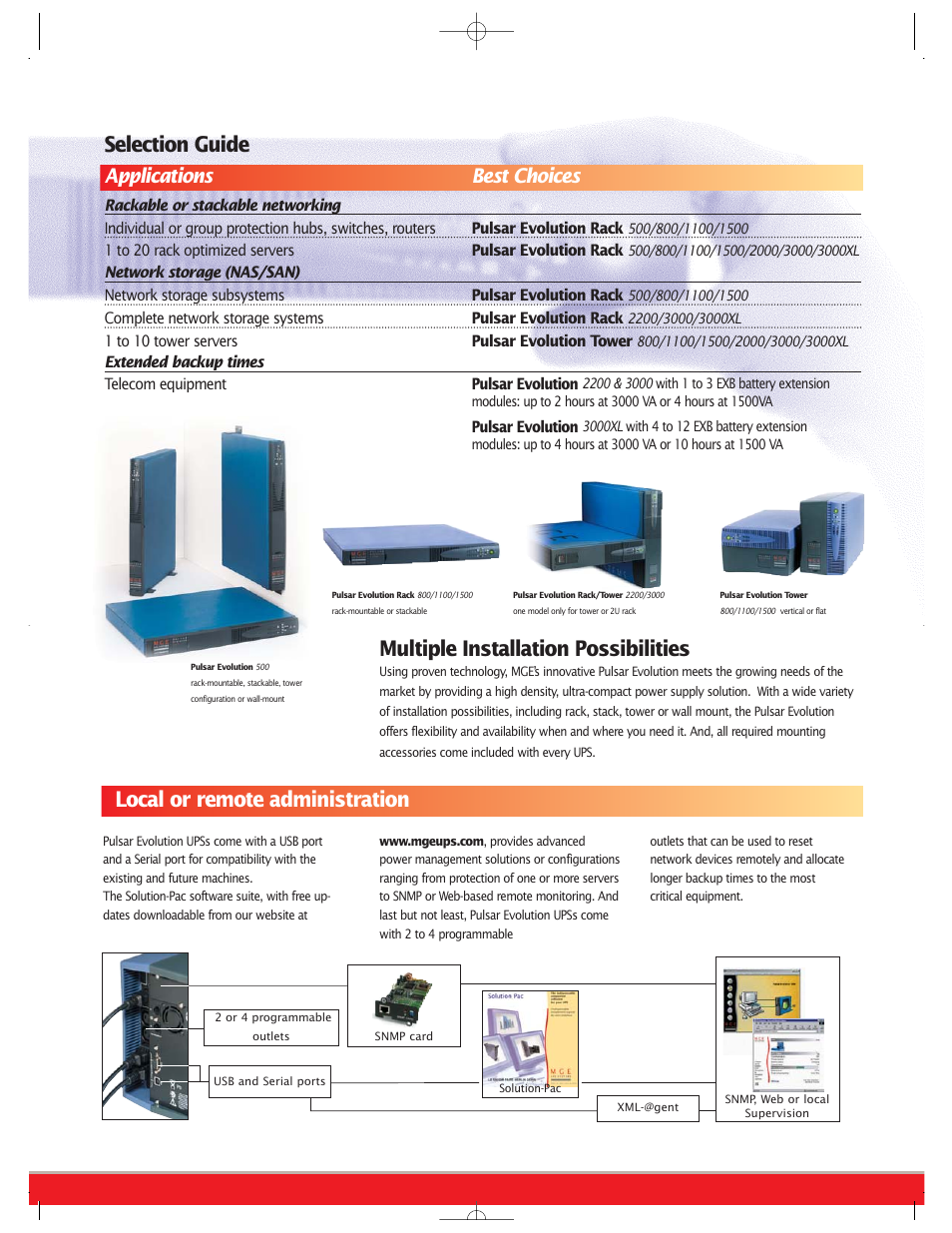 Local or remote administration, Selection guide, Multiple installation possibilities | Applications best choices | MGE UPS Systems Uninterruptible Power Provider User Manual | Page 3 / 4