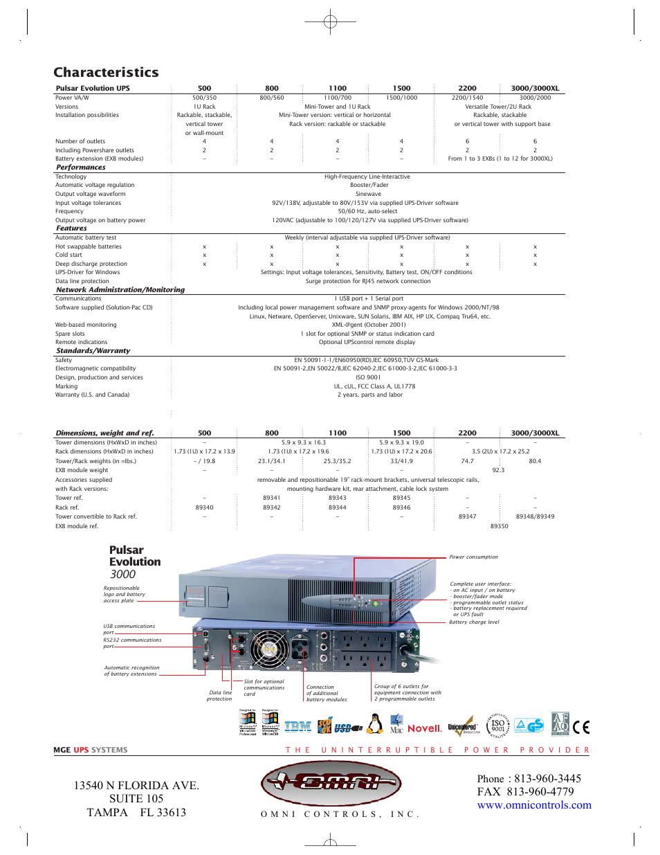 Characteristics, Pulsar evolution 3000, Phone | MGE UPS Systems Uninterruptible Power Provider User Manual | Page 4 / 4