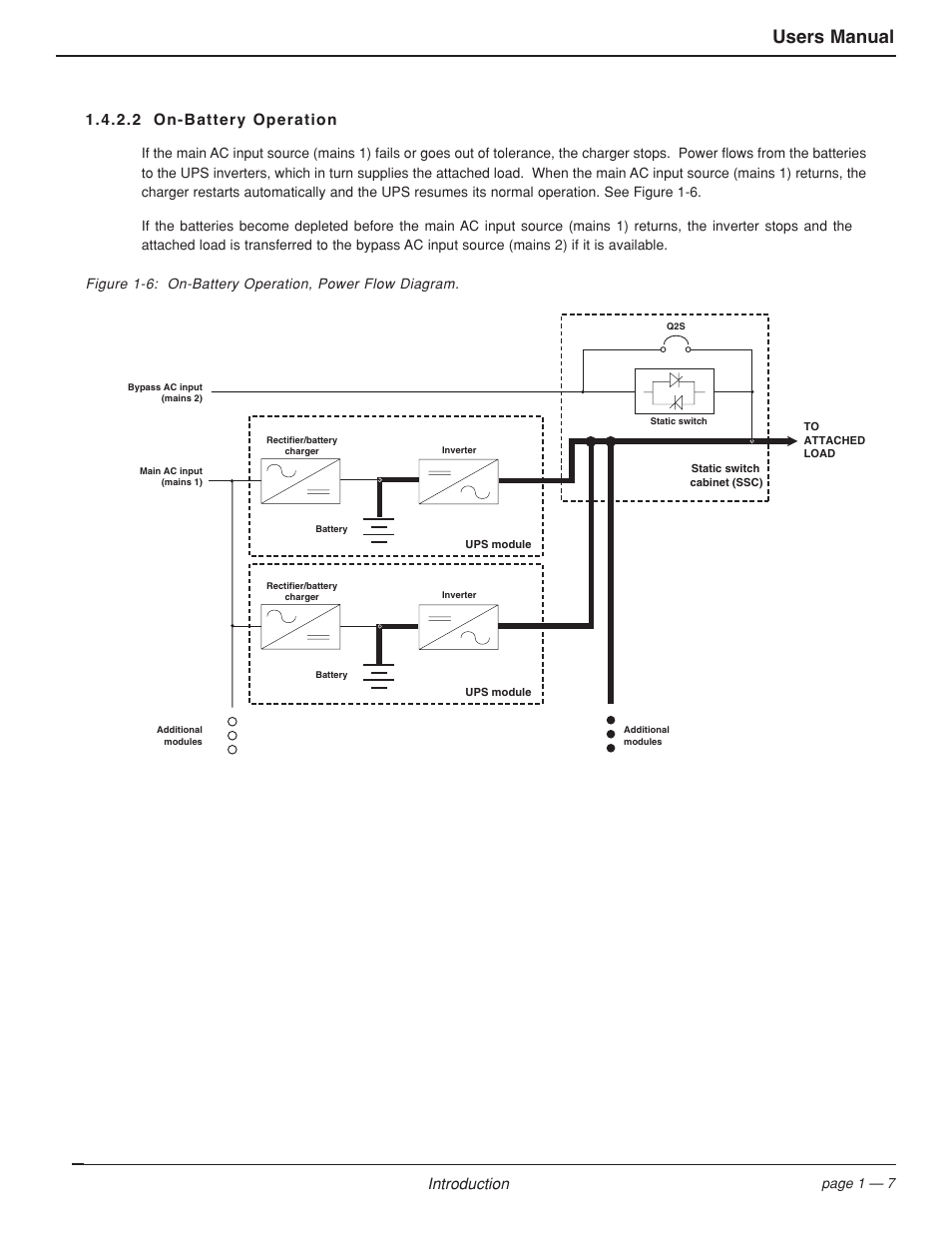 Users manual, Introduction, 2 on-battery operation | MGE UPS Systems EPS 7000 User Manual | Page 17 / 62