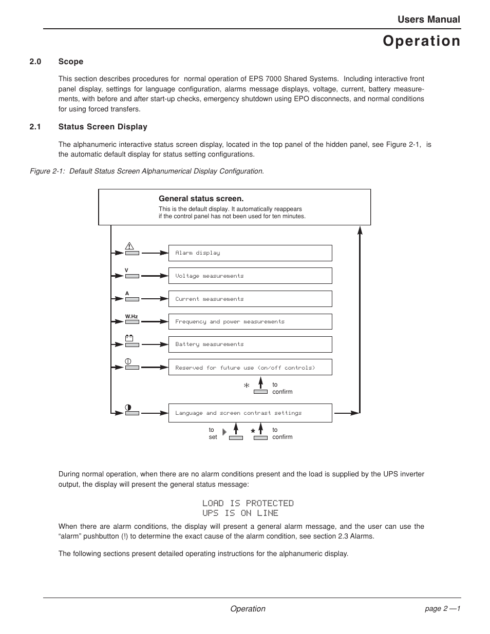 Operation, Users manual, Load is protected ups is on line | MGE UPS Systems EPS 7000 User Manual | Page 29 / 62