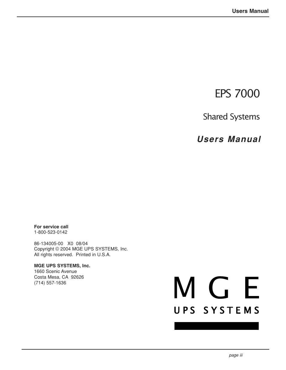 Eps 7000 | MGE UPS Systems EPS 7000 User Manual | Page 3 / 62