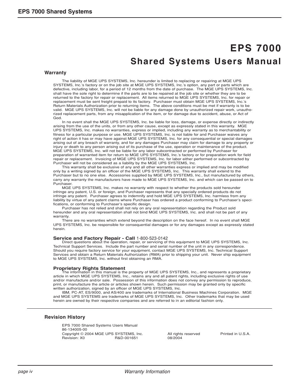 Eps 7000, Shared systems users manual, Eps 7000 shared systems | MGE UPS Systems EPS 7000 User Manual | Page 4 / 62
