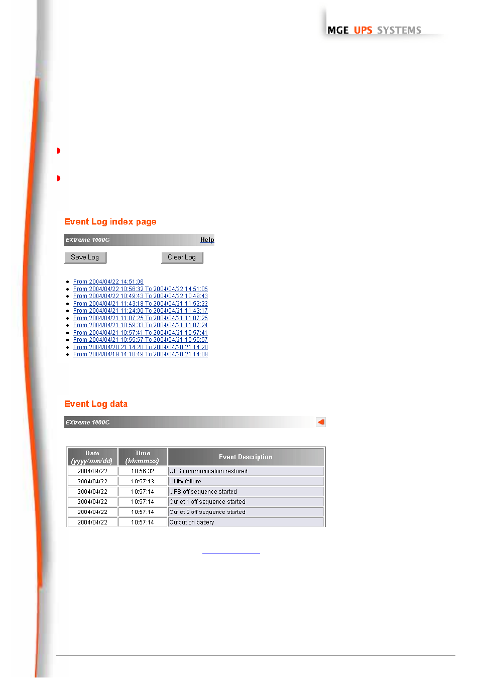 Event log, Network management cards, User manual | MGE UPS Systems 66074 User Manual | Page 24 / 69