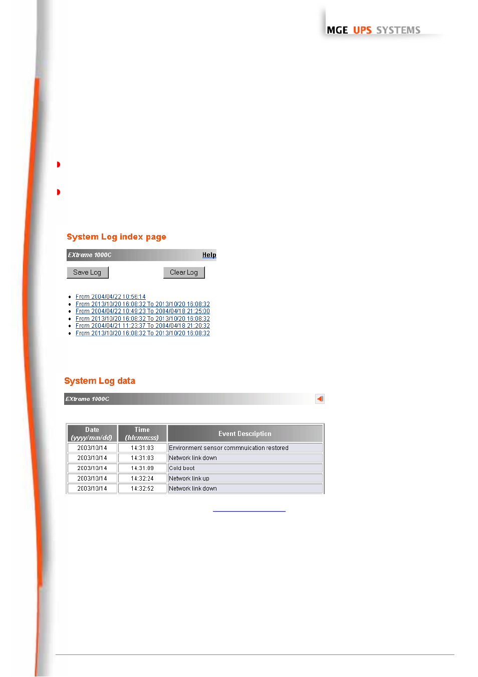 System log, Network management cards, User manual | MGE UPS Systems 66074 User Manual | Page 25 / 69