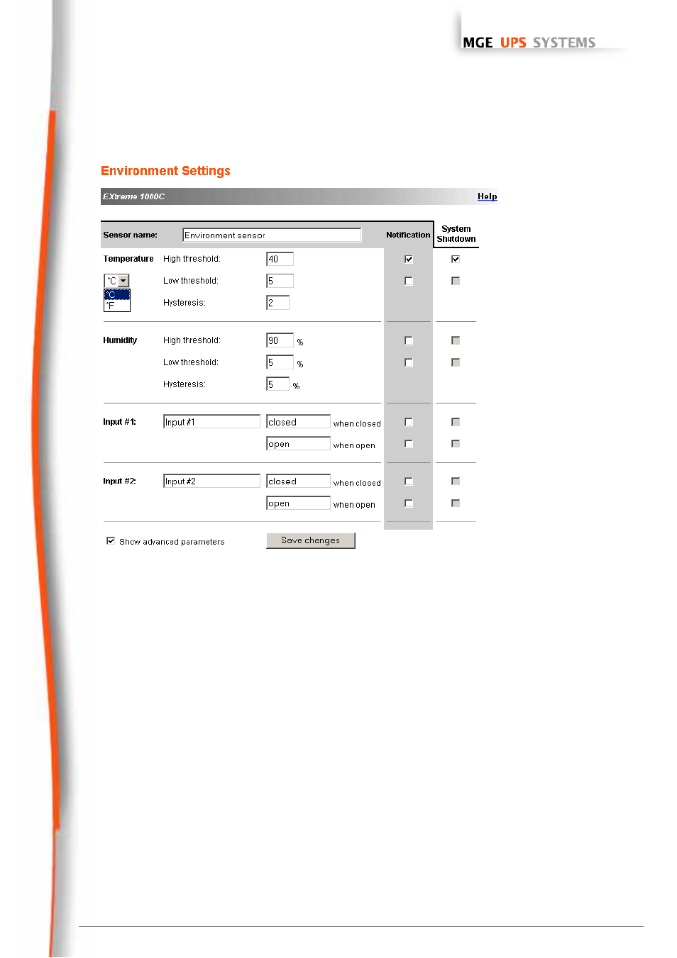 Environment settings, Set on the, Environment | Settings, In the, Network management cards, User manual | MGE UPS Systems 66074 User Manual | Page 43 / 69
