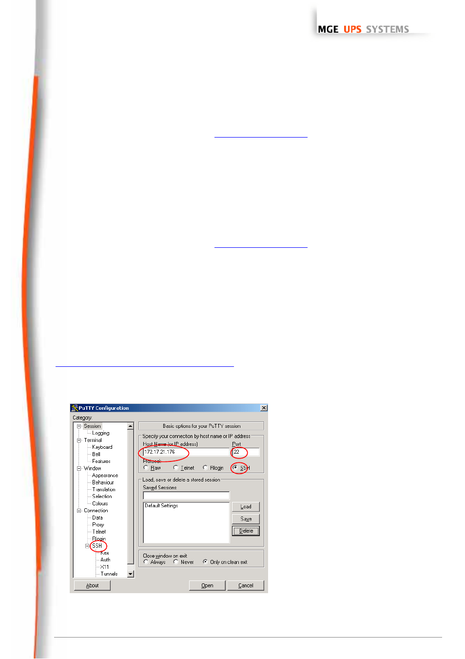 Onfiguration via, Elnet, Putty ssh client program | Network management cards, User manual | MGE UPS Systems 66074 User Manual | Page 60 / 69