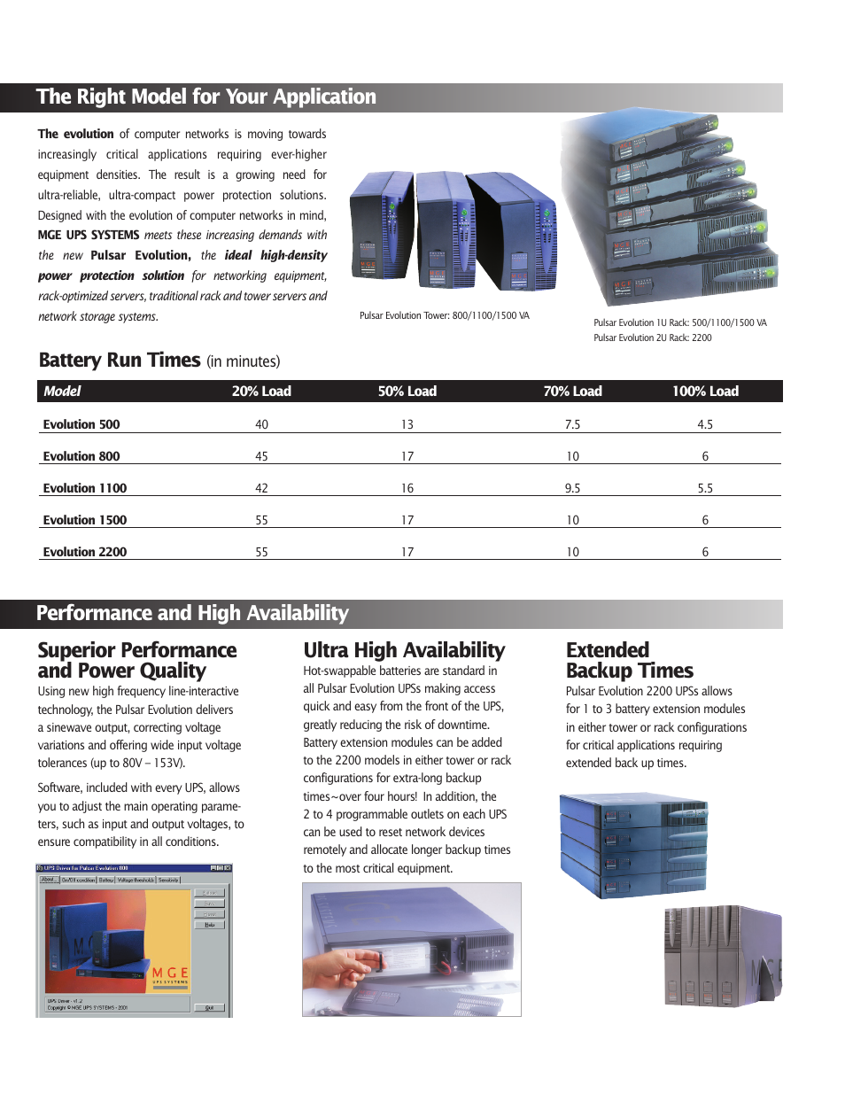 Superior performance and power quality, Ultra high availability, Extended backup times | Battery run times | MGE UPS Systems 500 User Manual | Page 2 / 4